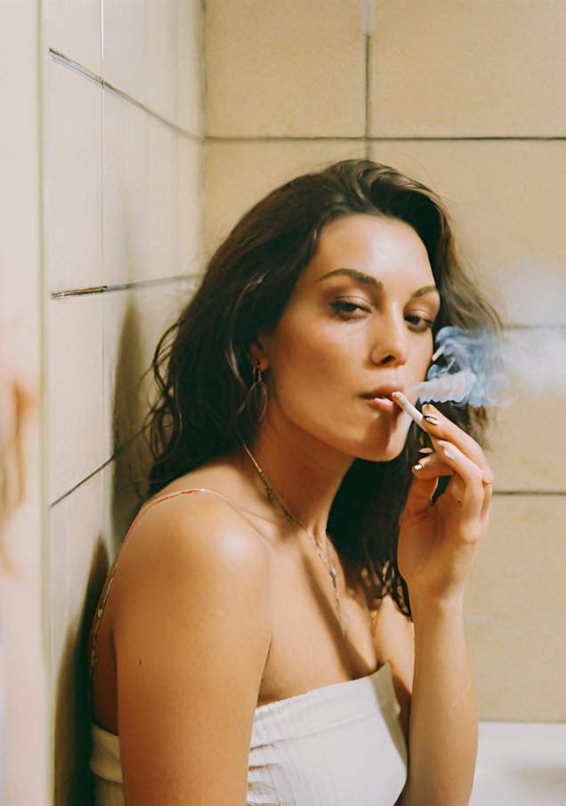 Woman smoking in bathroom