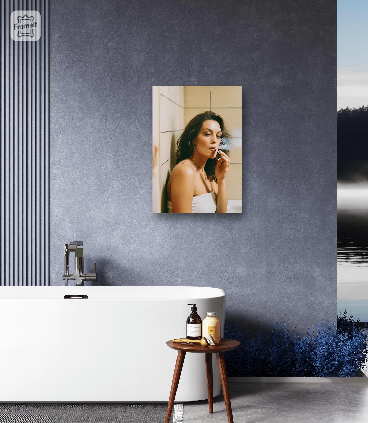 Woman smoking in bathroom